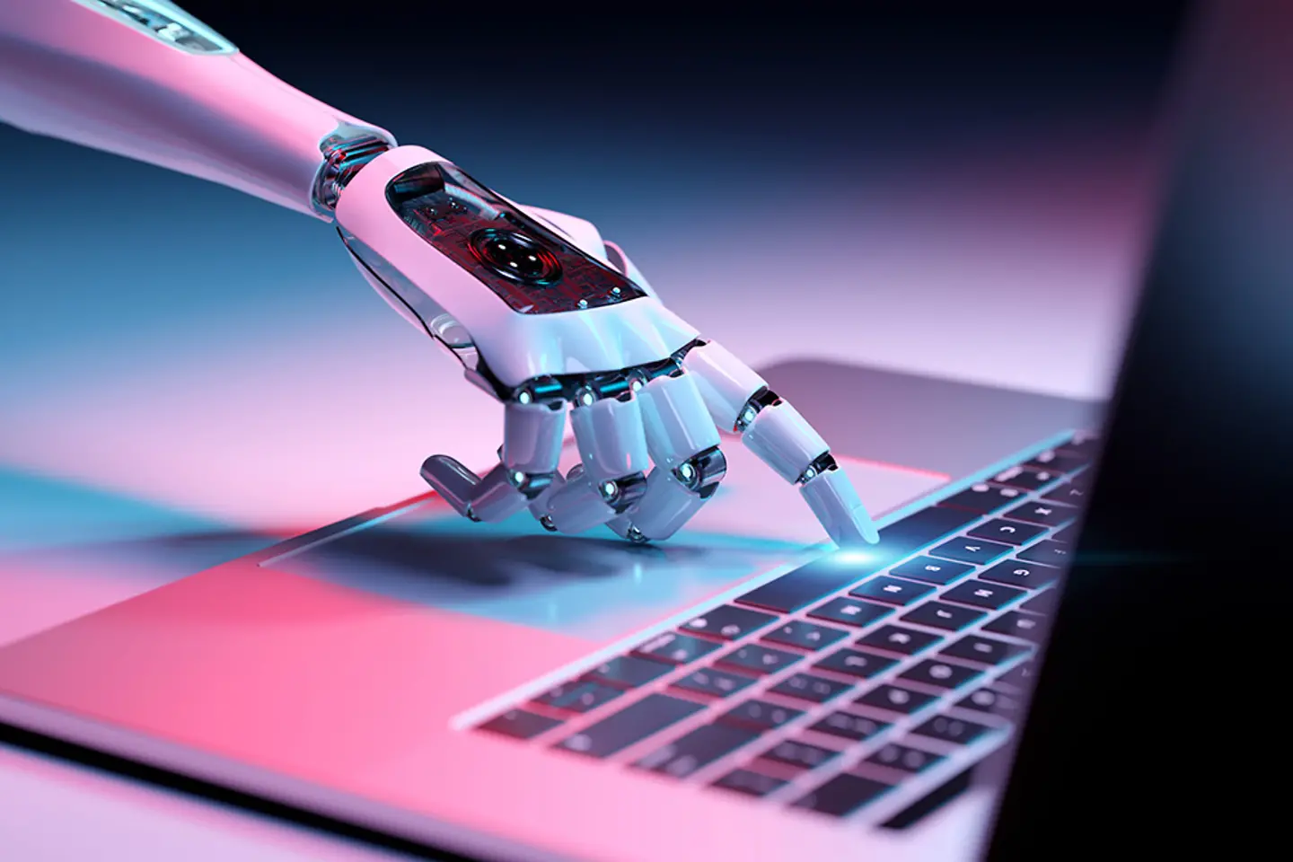 Mano robótica pulsando el teclado de un laptop