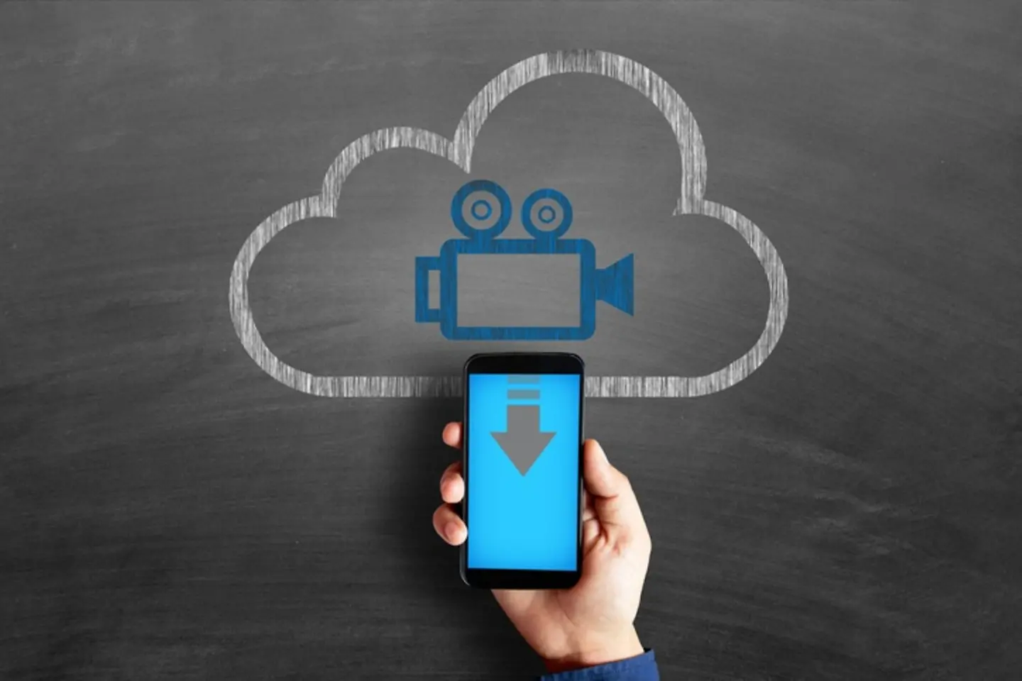 One hand holds a smartphone, above it is a drawing of a cloud in which a film camera is located.