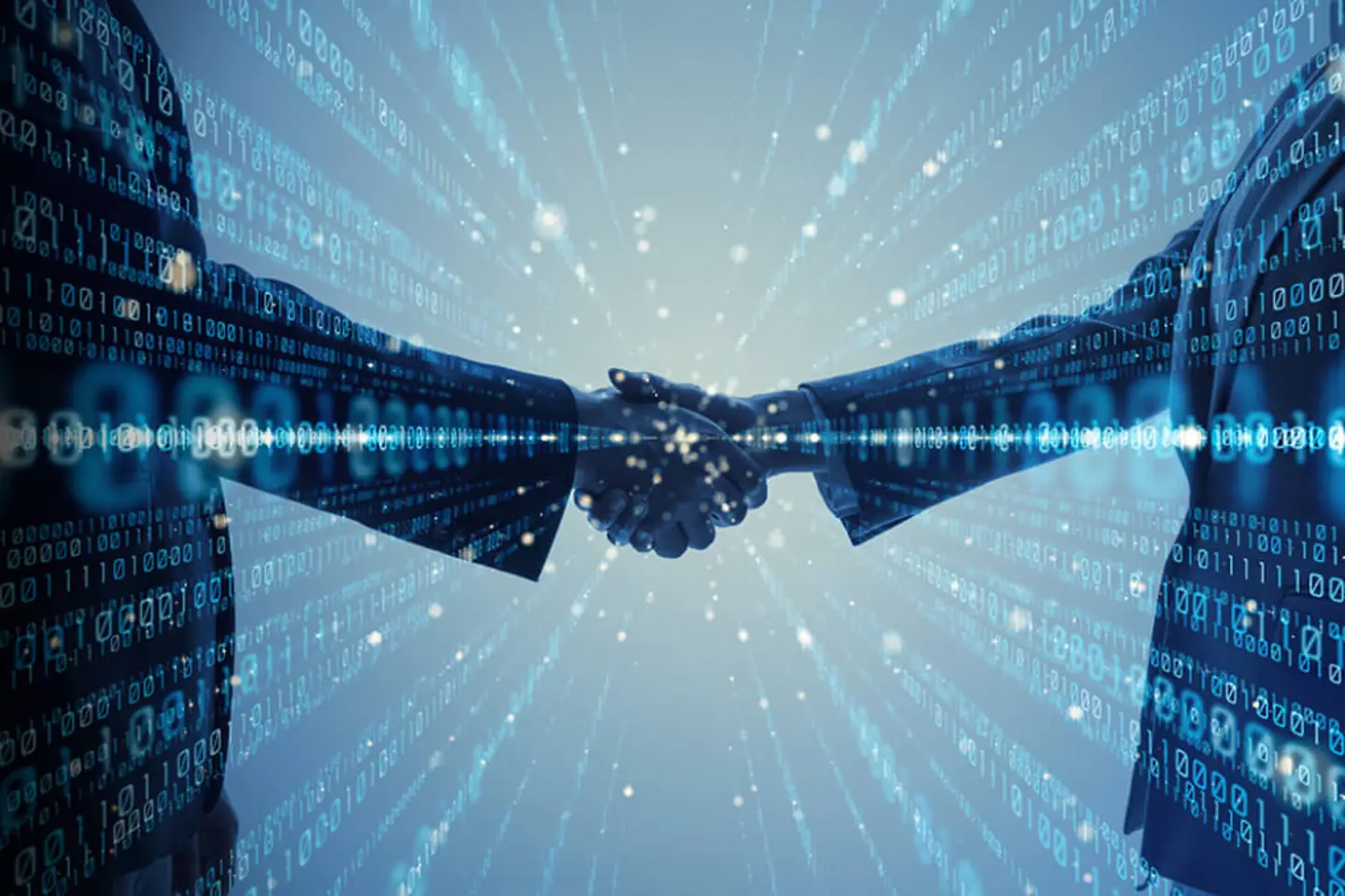 People shaking hands with binary code overlaid