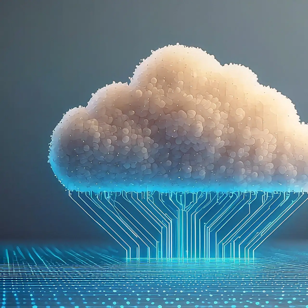 A digital cloud sits atop a glowing grid