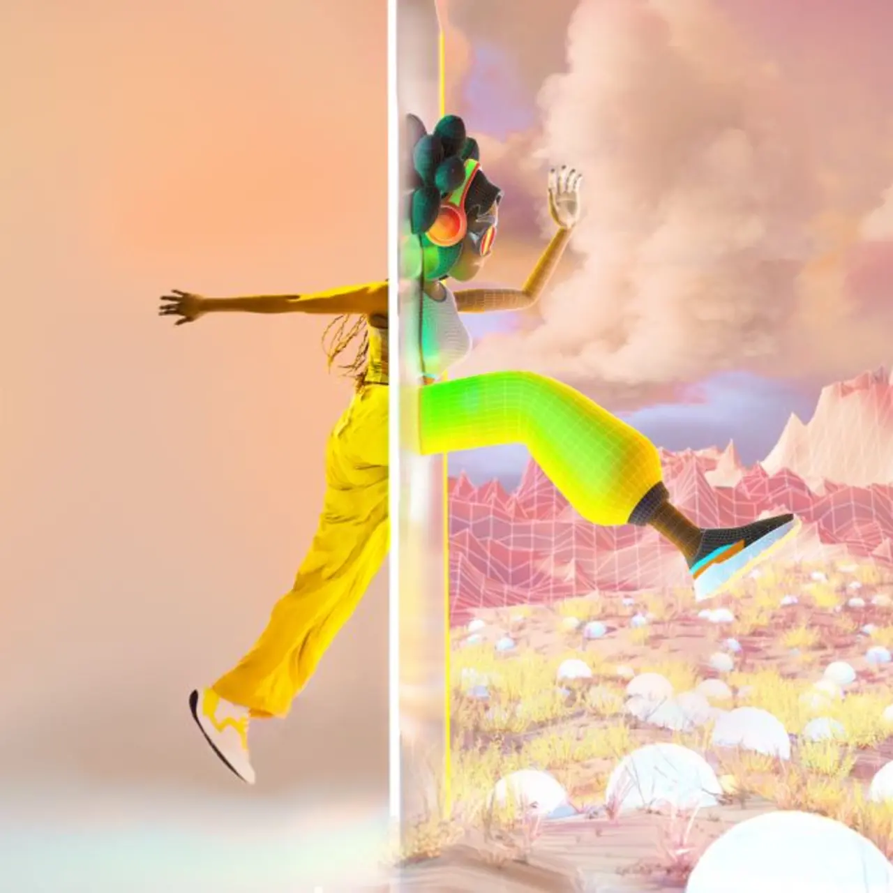 Graphic of young woman jumping from plain to cloud
