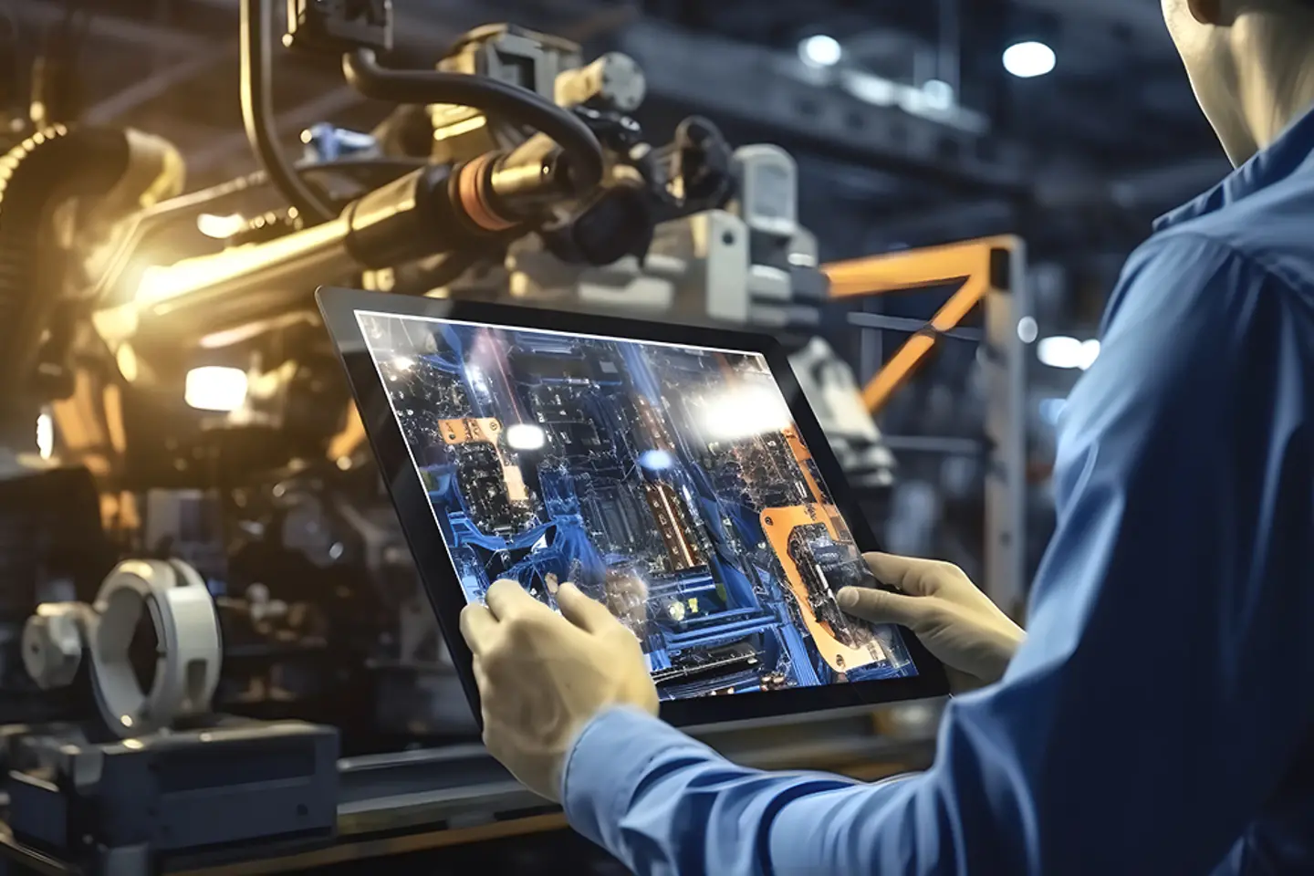 Ingenieur gebruikt een tablet met software om een machine in realtime te controleren