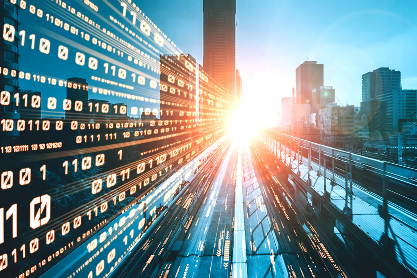 Digitale gegevens stromen over een weg en vervagen om de indruk te wekken van een snelle overdracht.